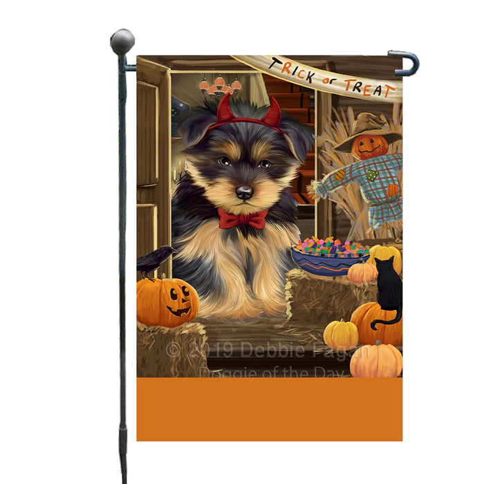 Personalized Enter at Own Risk Trick or Treat Halloween Yorkshire Terrier Dog Custom Garden Flags GFLG-DOTD-A59785