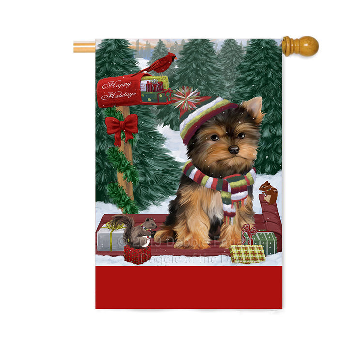 Personalized Merry Christmas Woodland Sled Yorkshire Terrier Dog Custom House Flag FLG-DOTD-A61794