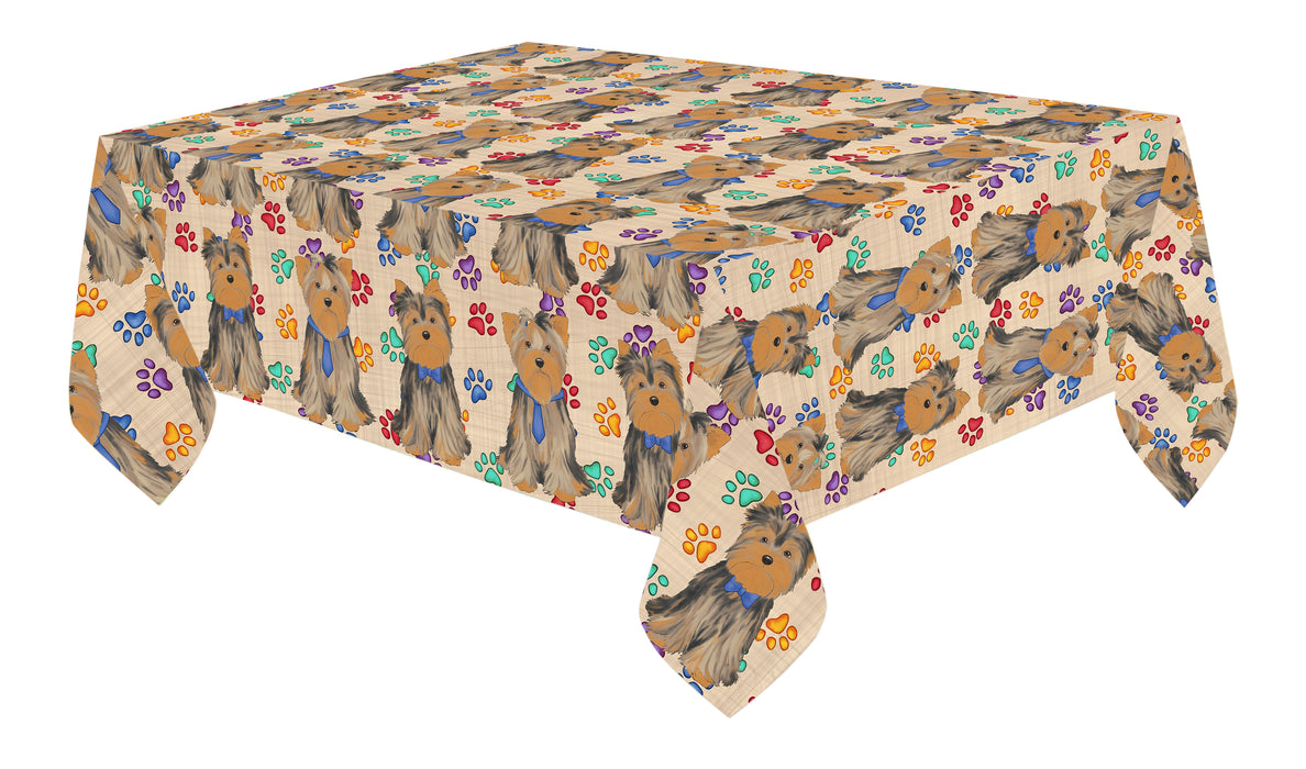 Rainbow Paw Print Yorkshire Terrier Dogs Blue Cotton Linen Tablecloth