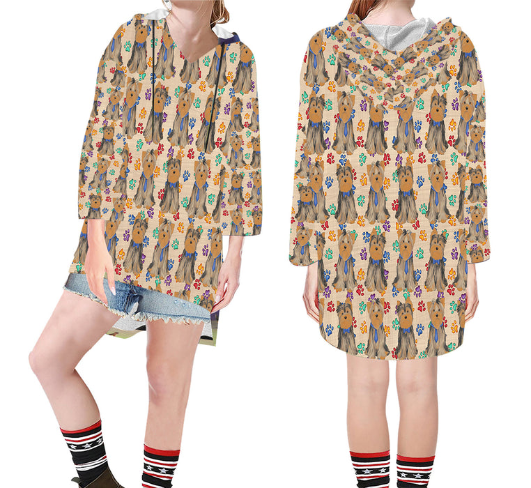 Rainbow Paw Print Yorkshire Terrier Dogs Blue Step Hem Women's Hoodie