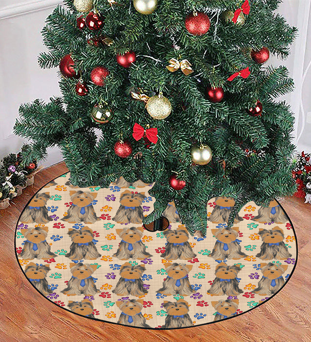 Rainbow Paw Print Yorkshire Terrier Dogs Blue Christmas Tree Skirt