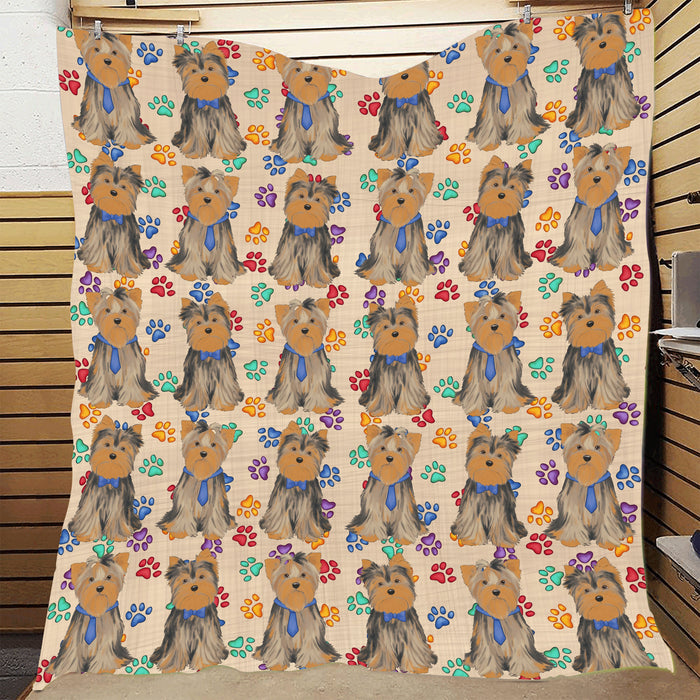 Rainbow Paw Print Yorkshire Terrier Dogs Blue Quilt