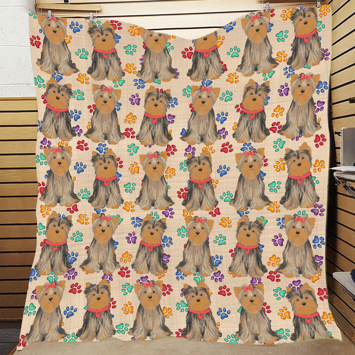 Rainbow Paw Print Yorkshire Terrier Dogs Red Quilt