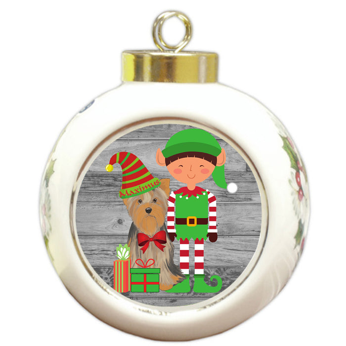 Custom Personalized Yorkshire Terrier Dog Elfie and Presents Christmas Round Ball Ornament