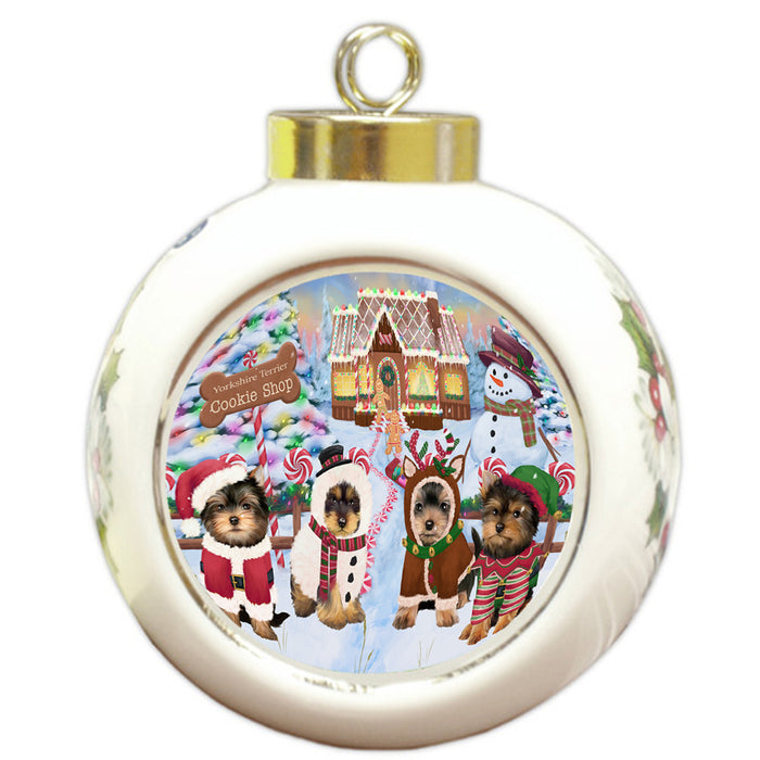 Holiday Gingerbread Cookie Shop Yorkshire Terriers Dog Round Ball Christmas Ornament RBPOR56991