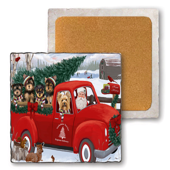 Christmas Santa Express Delivery Yorkshire Terriers Dog Family Set of 4 Natural Stone Marble Tile Coasters MCST50082