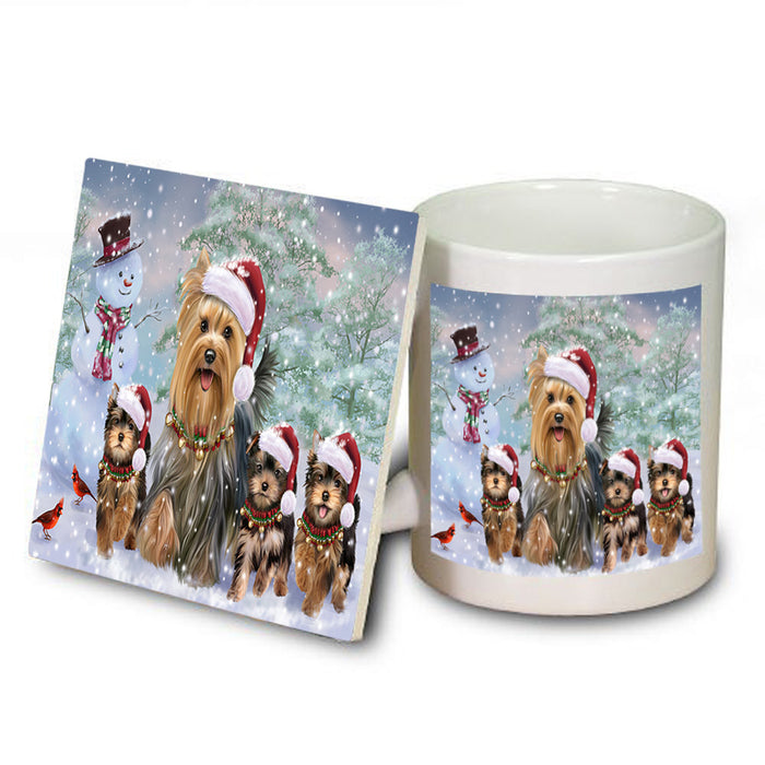Christmas Running Family Dogs Yorkshire Terriers Dog Mug and Coaster Set MUC54221
