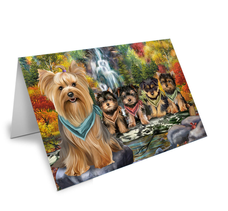 Scenic Waterfall Yorkshire Terriers Dog Handmade Artwork Assorted Pets Greeting Cards and Note Cards with Envelopes for All Occasions and Holiday Seasons GCD52619