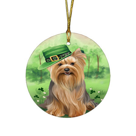 St. Patricks Day Irish Portrait Yorkshire Terrier Dog Round Flat Christmas Ornament RFPOR49428