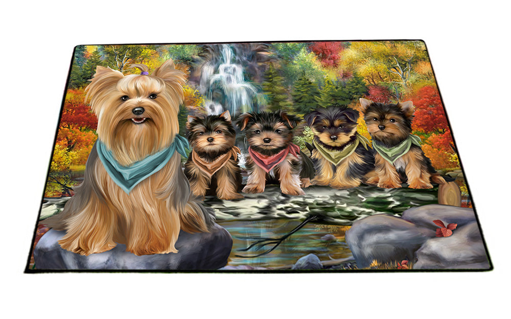 Scenic Waterfall Yorkshire Terriers Dog Floormat FLMS49950