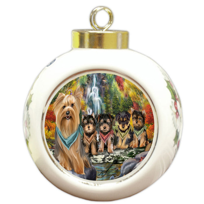 Scenic Waterfall Yorkshire Terriers Dog Round Ball Christmas Ornament RBPOR49564