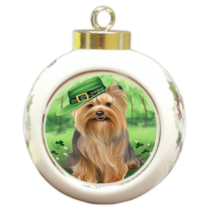 St. Patricks Day Irish Portrait Yorkshire Terrier Dog Round Ball Christmas Ornament RBPOR49437