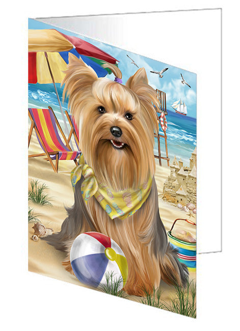 Pet Friendly Beach Yorkshire Terrier Dog Handmade Artwork Assorted Pets Greeting Cards and Note Cards with Envelopes for All Occasions and Holiday Seasons GCD54383