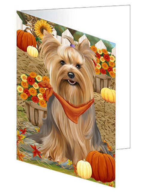 Fall Autumn Greeting Yorkshire Terrier Dog with Pumpkins Handmade Artwork Assorted Pets Greeting Cards and Note Cards with Envelopes for All Occasions and Holiday Seasons GCD56714