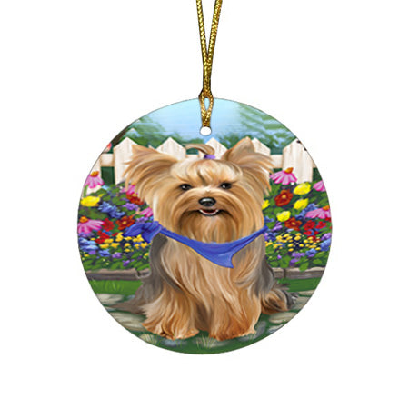 Spring Floral Yorkshire Terrier Dog Round Flat Christmas Ornament RFPOR52185