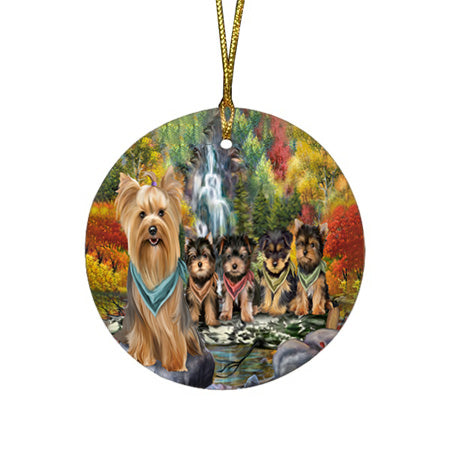 Scenic Waterfall Yorkshire Terriers Dog Round Flat Christmas Ornament RFPOR49555