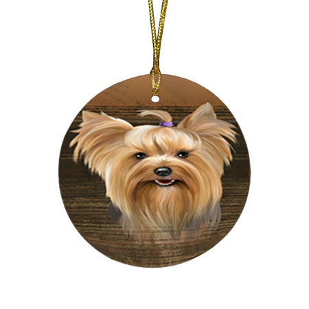 Rustic Yorkshire Terrier Dog Round Flat Christmas Ornament RFPOR50486