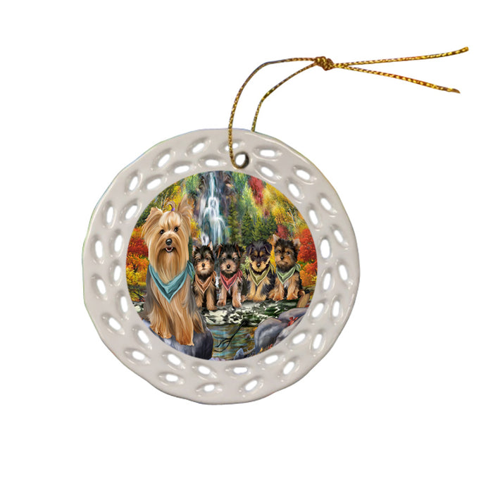 Scenic Waterfall Yorkshire Terriers Dog Ceramic Doily Ornament DPOR49564