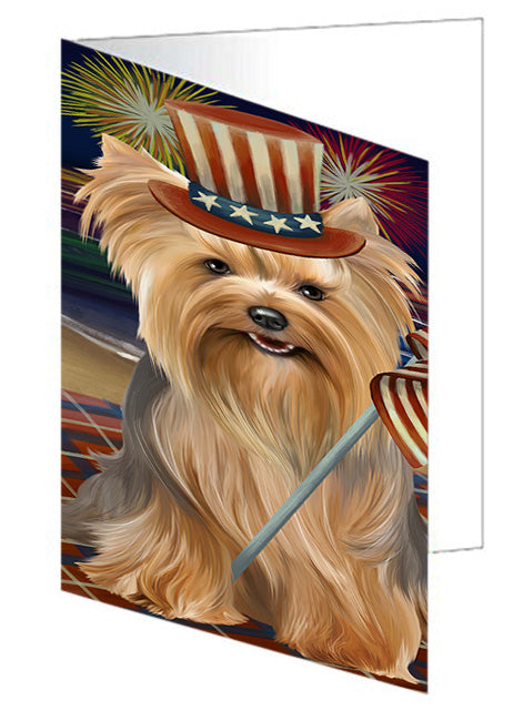 4th of July Independence Day Firework Yorkshire Terrier Dog Handmade Artwork Assorted Pets Greeting Cards and Note Cards with Envelopes for All Occasions and Holiday Seasons GCD52958