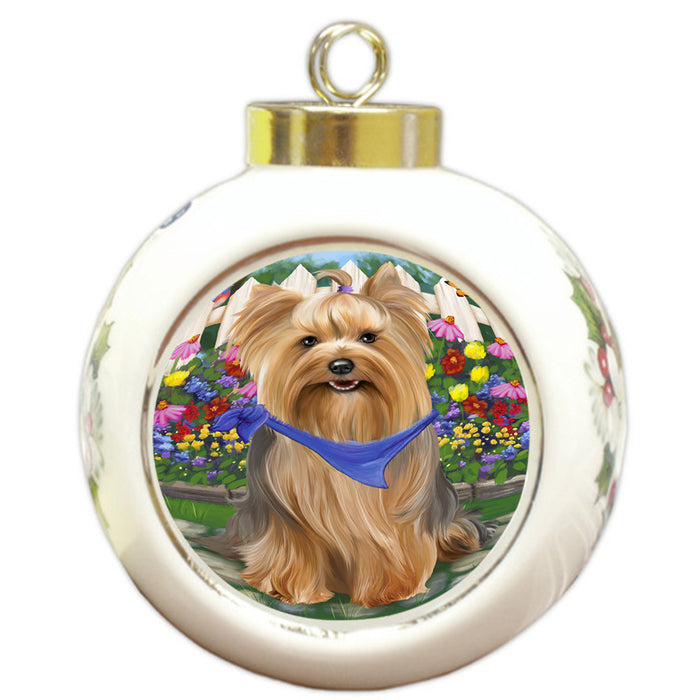 Spring Floral Yorkshire Terrier Dog Round Ball Christmas Ornament RBPOR52194