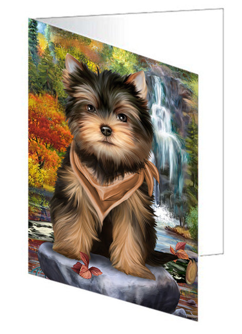 Scenic Waterfall Yorkshire Terriers Dog Handmade Artwork Assorted Pets Greeting Cards and Note Cards with Envelopes for All Occasions and Holiday Seasons GCD52622