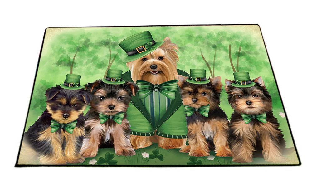 St. Patricks Day Irish Family Portrait Yorkshire Terriers Dog Floormat FLMS49800