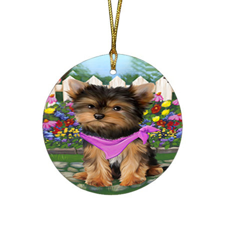 Spring Floral Yorkshire Terrier Dog Round Flat Christmas Ornament RFPOR52186