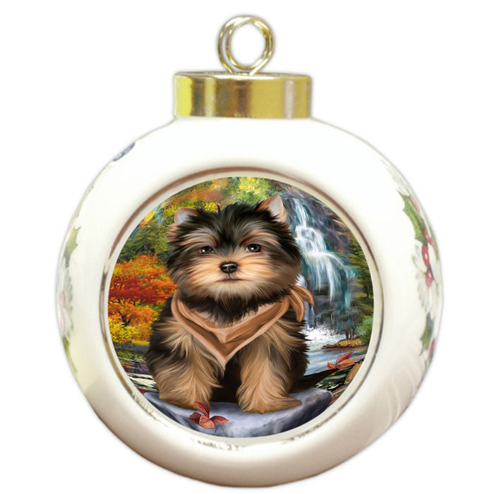 Scenic Waterfall Yorkshire Terrier Dog Round Ball Christmas Ornament RBPOR49565