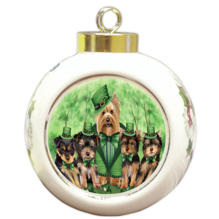 St. Patricks Day Irish Family Portrait Yorkshire Terriers Dog Round Ball Christmas Ornament RBPOR49438