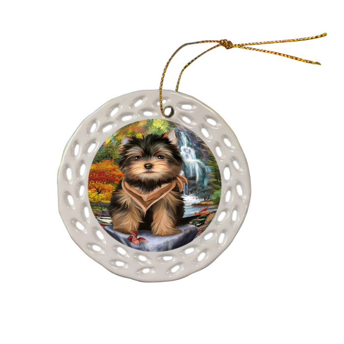 Scenic Waterfall Yorkshire Terrier Dog Ceramic Doily Ornament DPOR49565