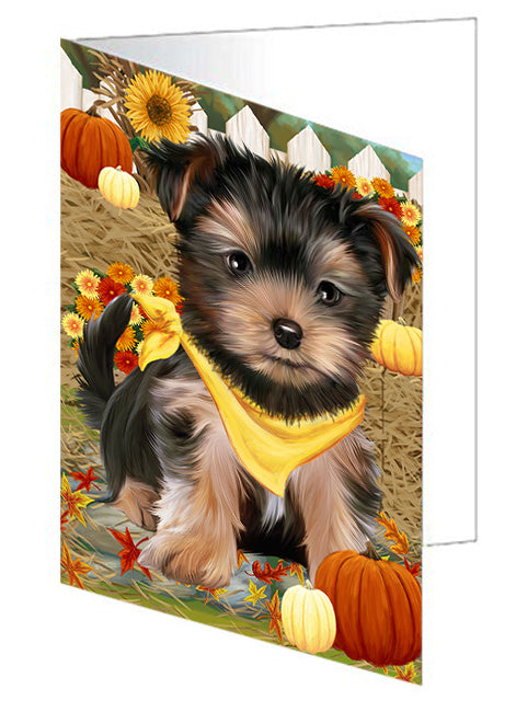 Fall Autumn Greeting Yorkshire Terrier Dog with Pumpkins Handmade Artwork Assorted Pets Greeting Cards and Note Cards with Envelopes for All Occasions and Holiday Seasons GCD56717