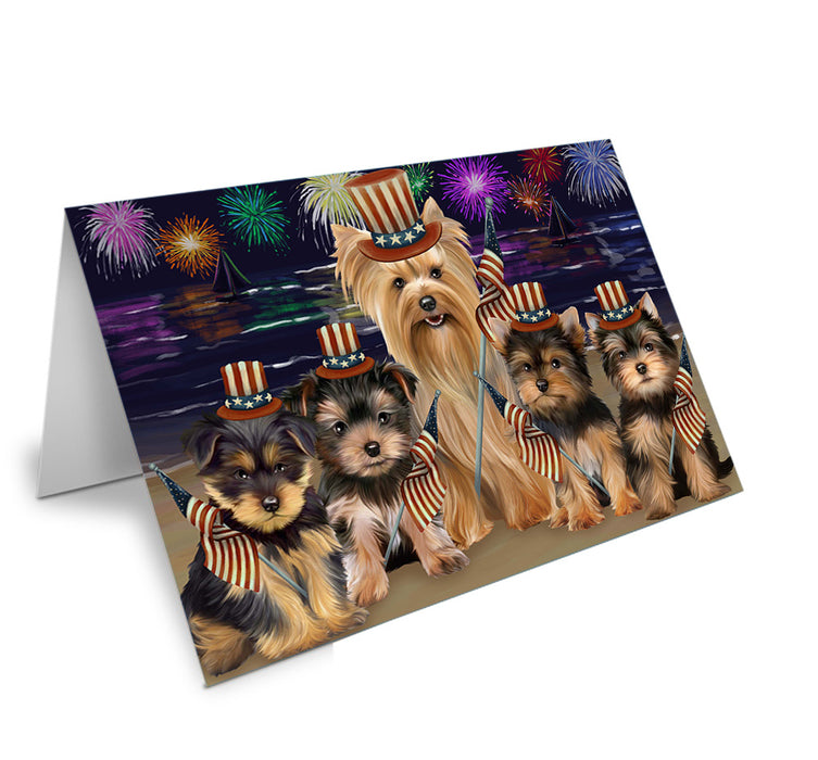 4th of July Independence Day Firework Yorkshire Terriers Dog Handmade Artwork Assorted Pets Greeting Cards and Note Cards with Envelopes for All Occasions and Holiday Seasons GCD52961