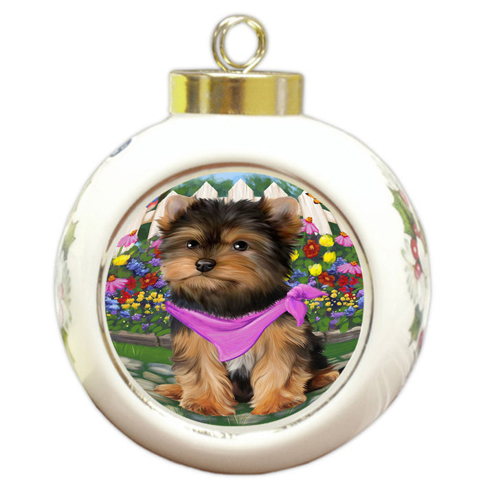 Spring Floral Yorkshire Terrier Dog Round Ball Christmas Ornament RBPOR52195