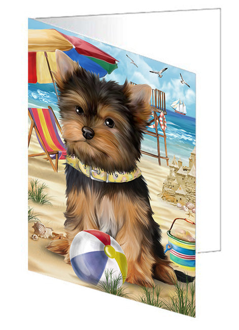 Pet Friendly Beach Yorkshire Terrier Dog Handmade Artwork Assorted Pets Greeting Cards and Note Cards with Envelopes for All Occasions and Holiday Seasons GCD54386