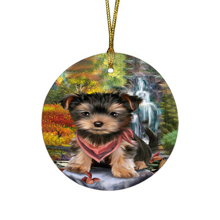 Scenic Waterfall Yorkshire Terrier Dog Round Flat Christmas Ornament RFPOR49557