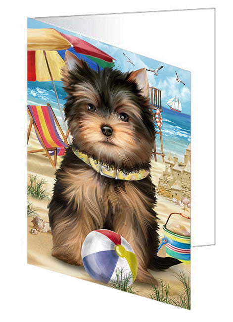 Pet Friendly Beach Yorkshire Terrier Dog Handmade Artwork Assorted Pets Greeting Cards and Note Cards with Envelopes for All Occasions and Holiday Seasons GCD54389