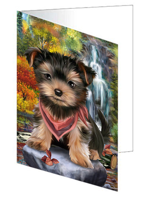 Scenic Waterfall Yorkshire Terrier Dog Handmade Artwork Assorted Pets Greeting Cards and Note Cards with Envelopes for All Occasions and Holiday Seasons GCD52625
