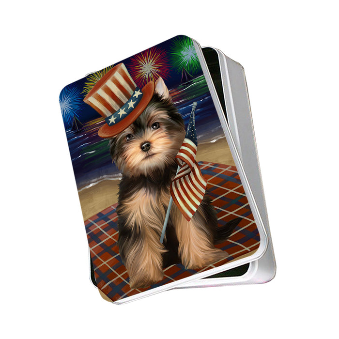 4th of July Independence Day Firework Yorkshire Terrier Dog Photo Storage Tin PITN49645