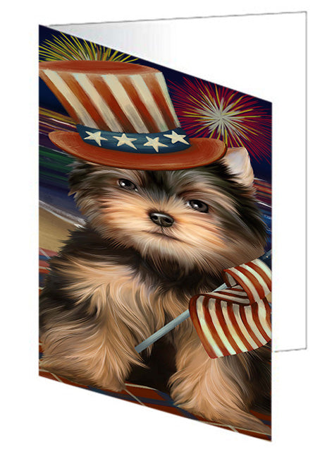 4th of July Independence Day Firework Yorkshire Terrier Dog Handmade Artwork Assorted Pets Greeting Cards and Note Cards with Envelopes for All Occasions and Holiday Seasons GCD52964