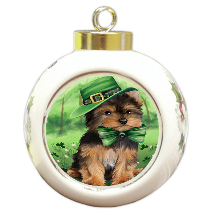 St. Patricks Day Irish Portrait Yorkshire Terrier Dog Round Ball Christmas Ornament RBPOR49439