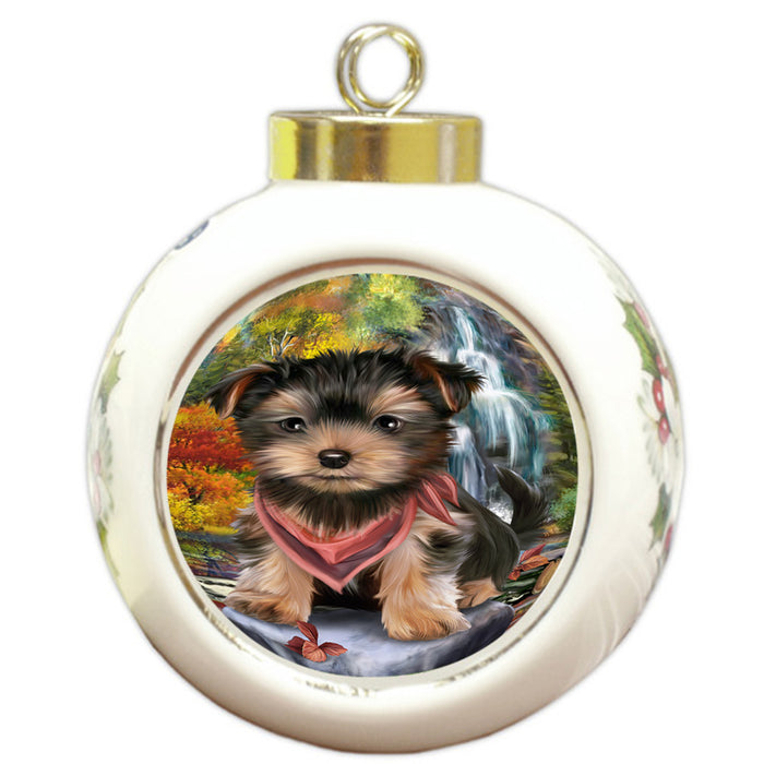 Scenic Waterfall Yorkshire Terrier Dog Round Ball Christmas Ornament RBPOR49566