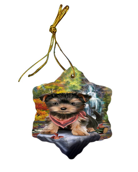 Scenic Waterfall Yorkshire Terrier Dog Star Porcelain Ornament SPOR49558