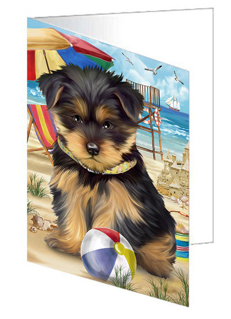 Pet Friendly Beach Yorkshire Terrier Dog Handmade Artwork Assorted Pets Greeting Cards and Note Cards with Envelopes for All Occasions and Holiday Seasons GCD54392