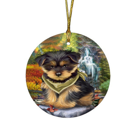 Scenic Waterfall Yorkshire Terrier Dog Round Flat Christmas Ornament RFPOR49558