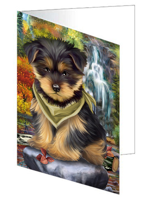 Scenic Waterfall Yorkshire Terrier Dog Handmade Artwork Assorted Pets Greeting Cards and Note Cards with Envelopes for All Occasions and Holiday Seasons GCD52628