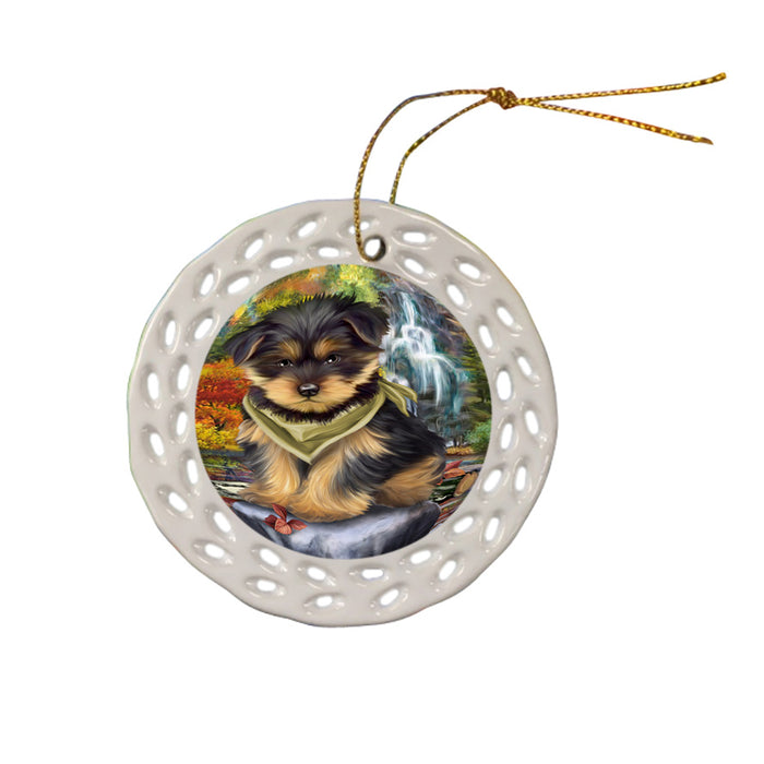 Scenic Waterfall Yorkshire Terrier Dog Ceramic Doily Ornament DPOR49567