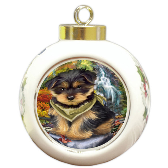 Scenic Waterfall Yorkshire Terrier Dog Round Ball Christmas Ornament RBPOR49567