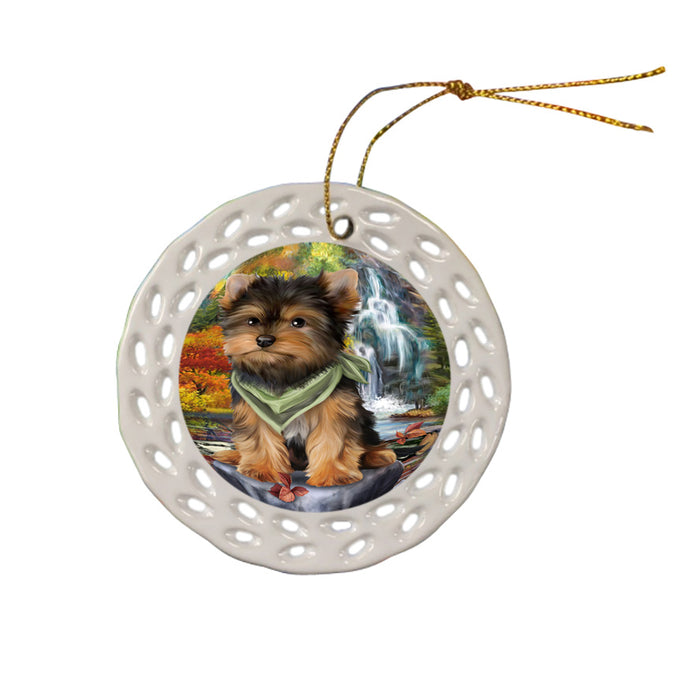 Scenic Waterfall Yorkshire Terrier Dog Ceramic Doily Ornament DPOR49568