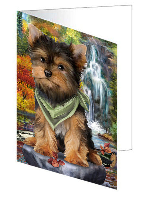 Scenic Waterfall Yorkshire Terrier Dog Handmade Artwork Assorted Pets Greeting Cards and Note Cards with Envelopes for All Occasions and Holiday Seasons GCD52631