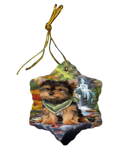 Scenic Waterfall Yorkshire Terrier Dog Star Porcelain Ornament SPOR49560